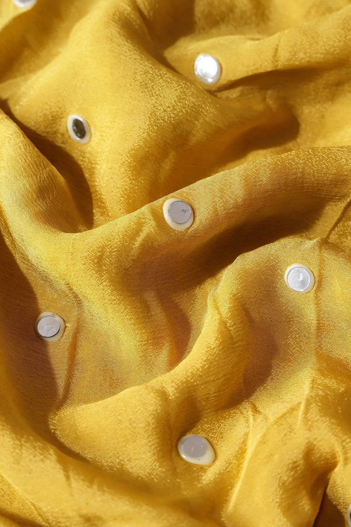 1.75 Meter Cut Piece Of Real Mirror Embroidery Work On Yellow Viscose Chinnon Chiffon Fabric
