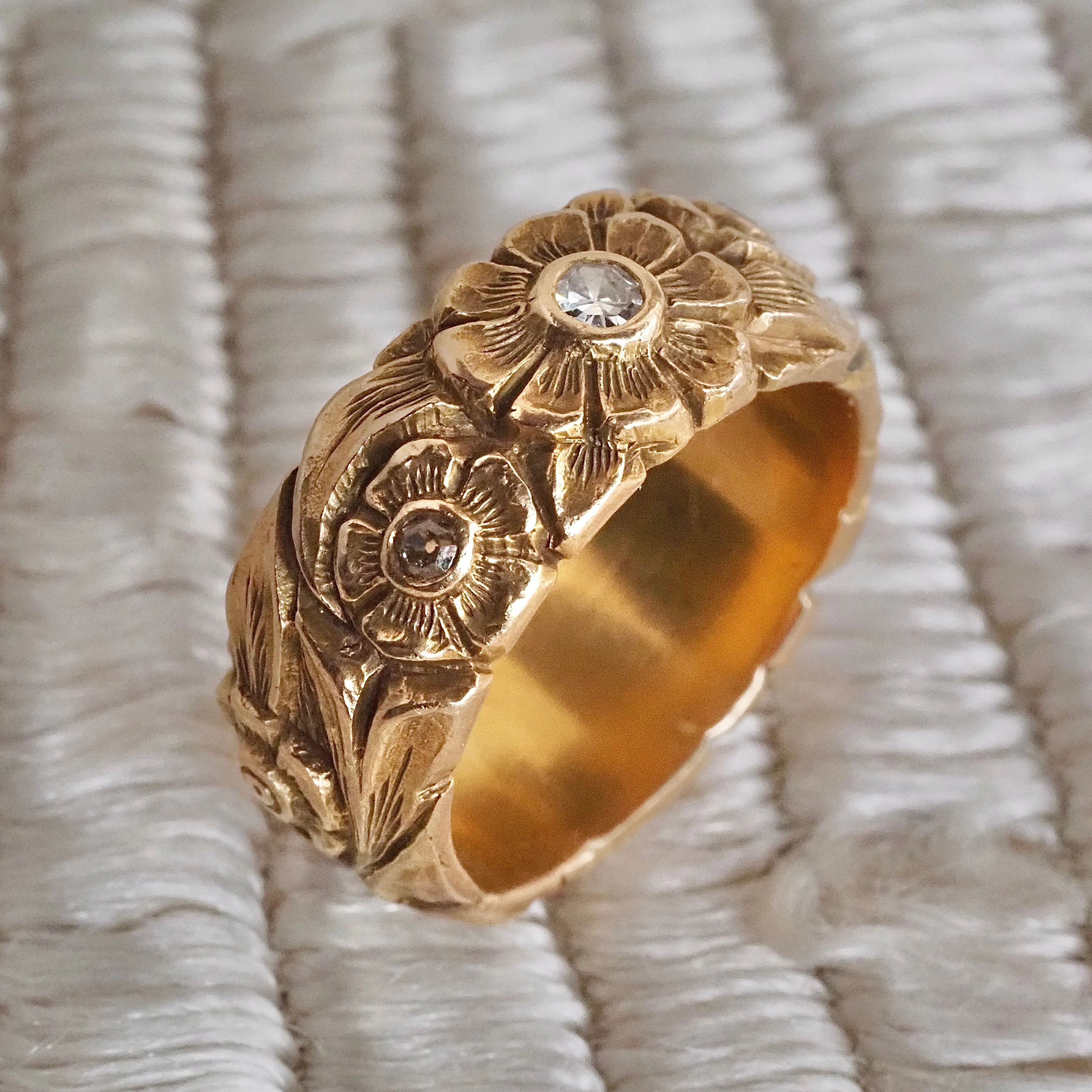 Antique Floral Diamond 14k Gold Wide Band