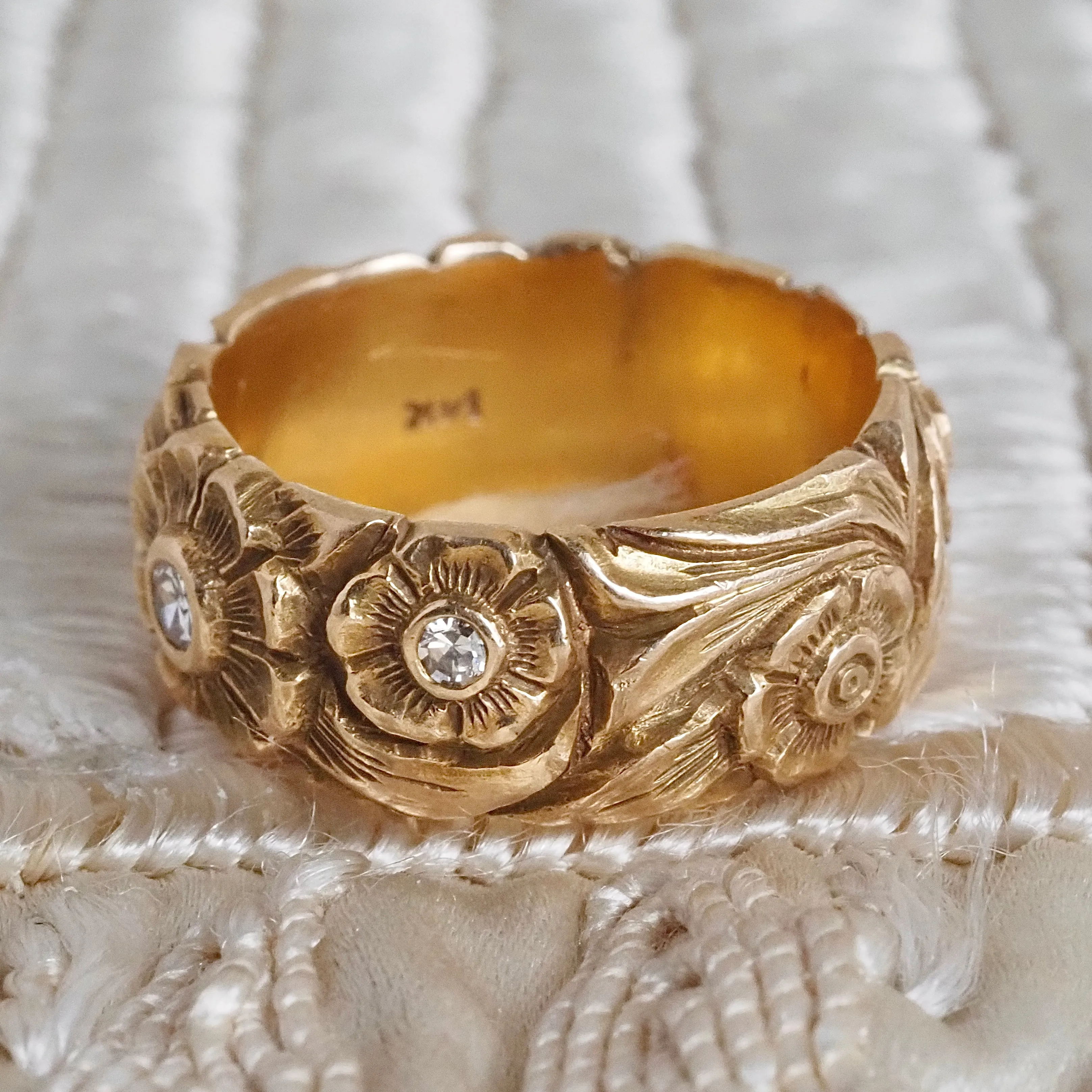Antique Floral Diamond 14k Gold Wide Band