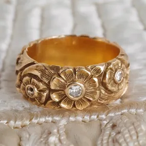 Antique Floral Diamond 14k Gold Wide Band