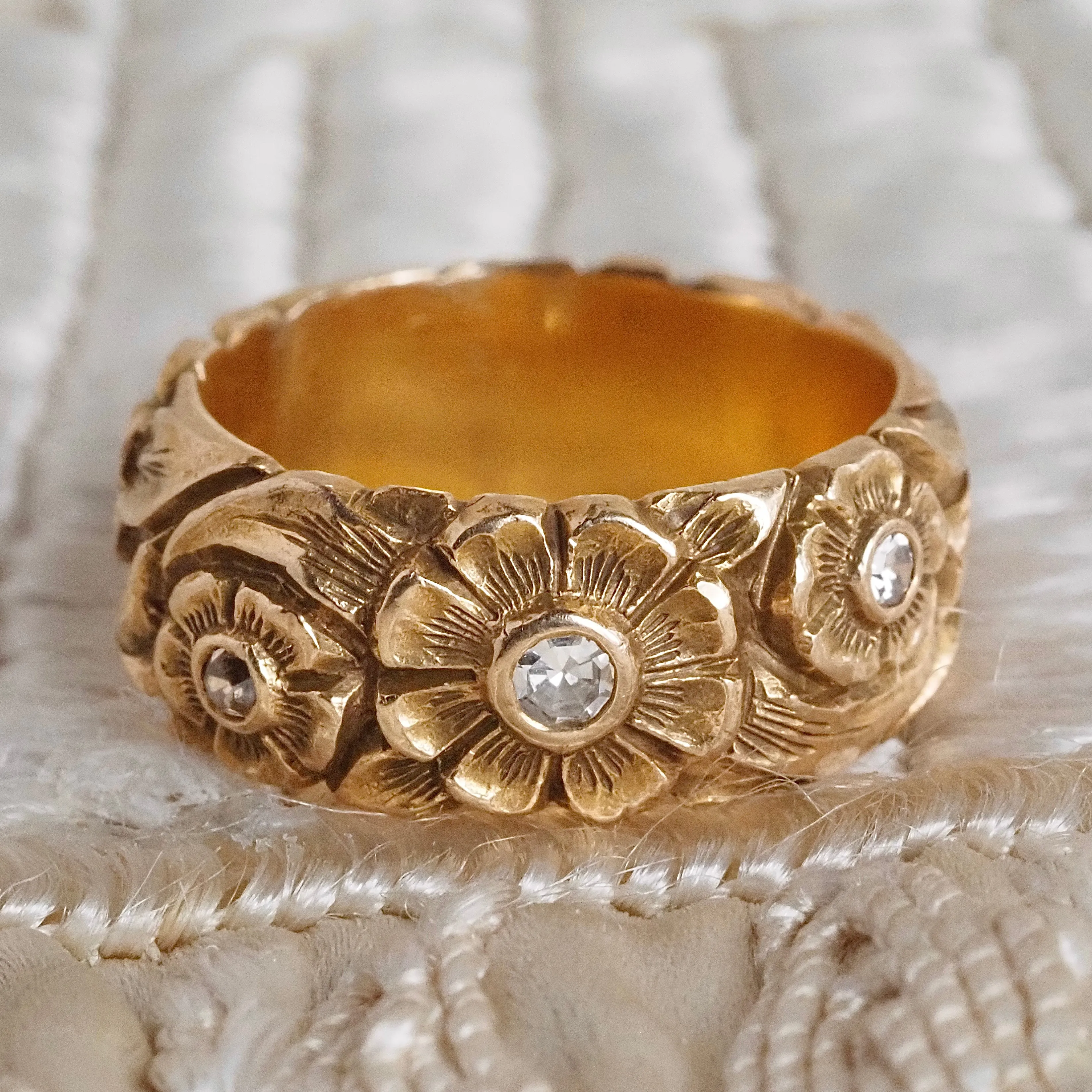 Antique Floral Diamond 14k Gold Wide Band