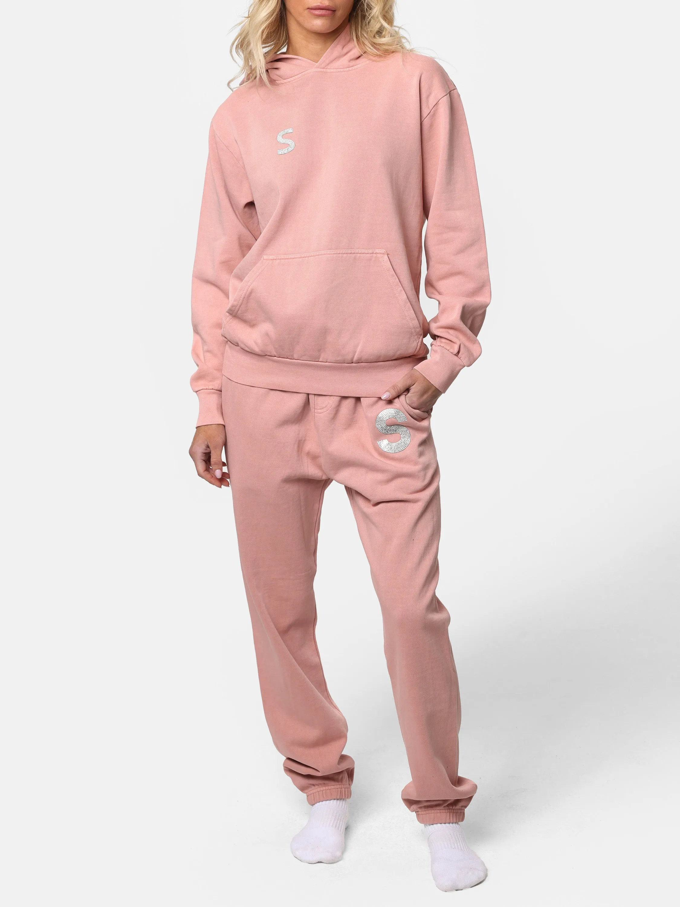 Bedazzled Initial Pink Wash Joggers