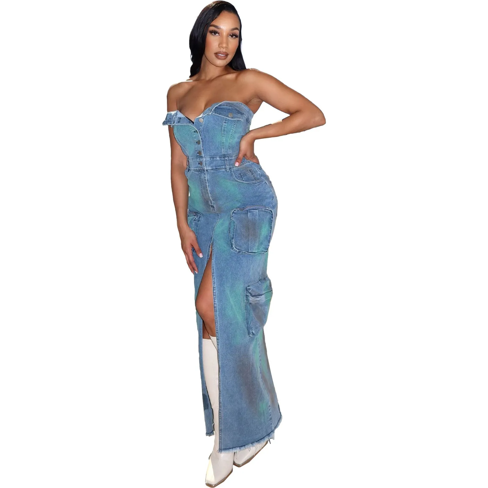 Blue Cool High Split Bandeau Denim Maxi Dress