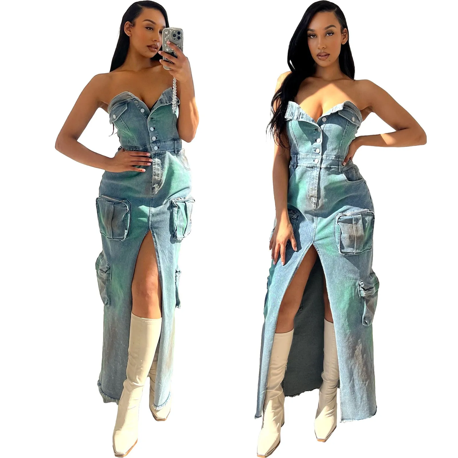 Blue Cool High Split Bandeau Denim Maxi Dress
