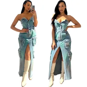 Blue Cool High Split Bandeau Denim Maxi Dress