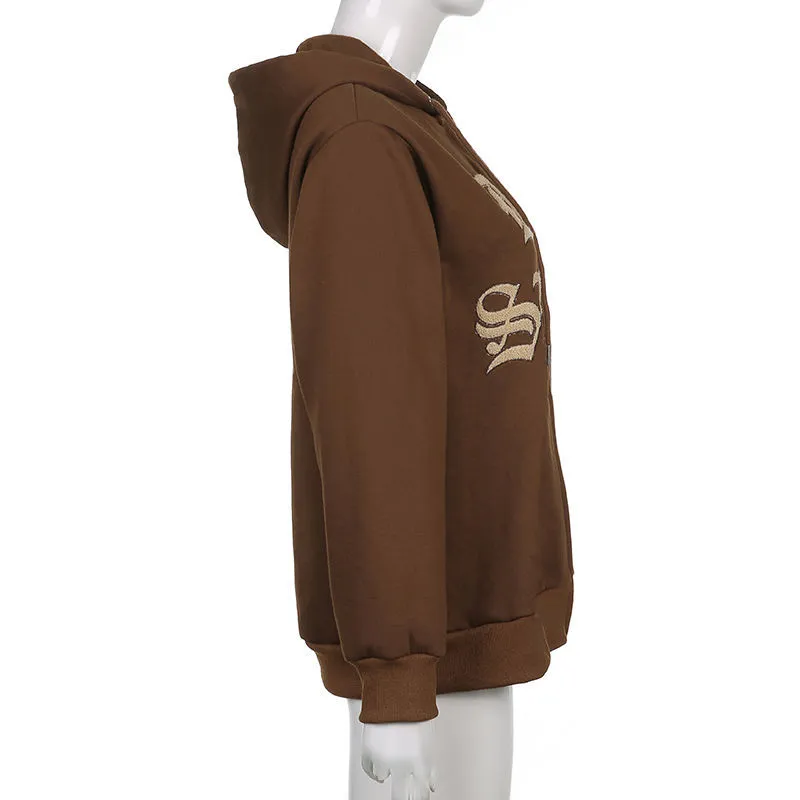 Brown Letters Embroidery Zip Up Hoodie