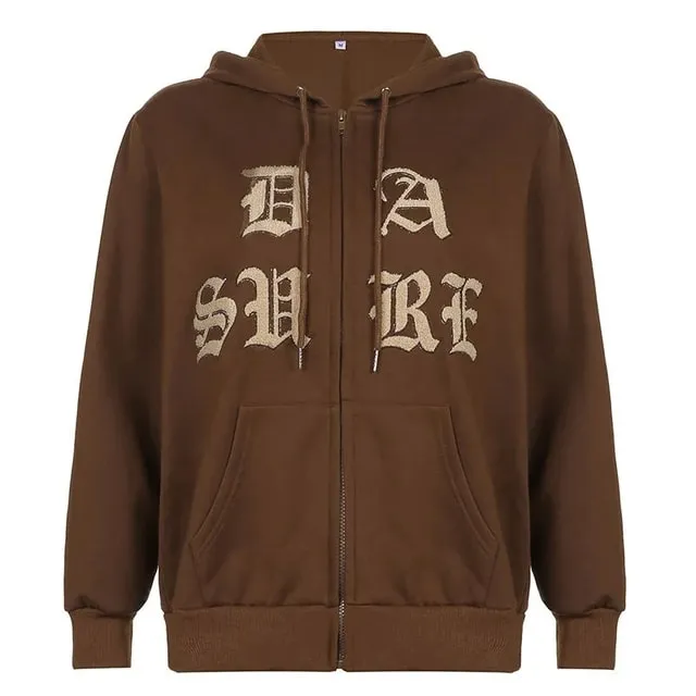 Brown Letters Embroidery Zip Up Hoodie