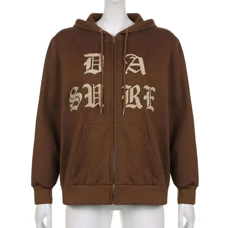 Brown Letters Embroidery Zip Up Hoodie