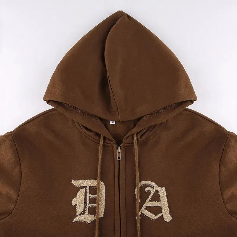 Brown Letters Embroidery Zip Up Hoodie