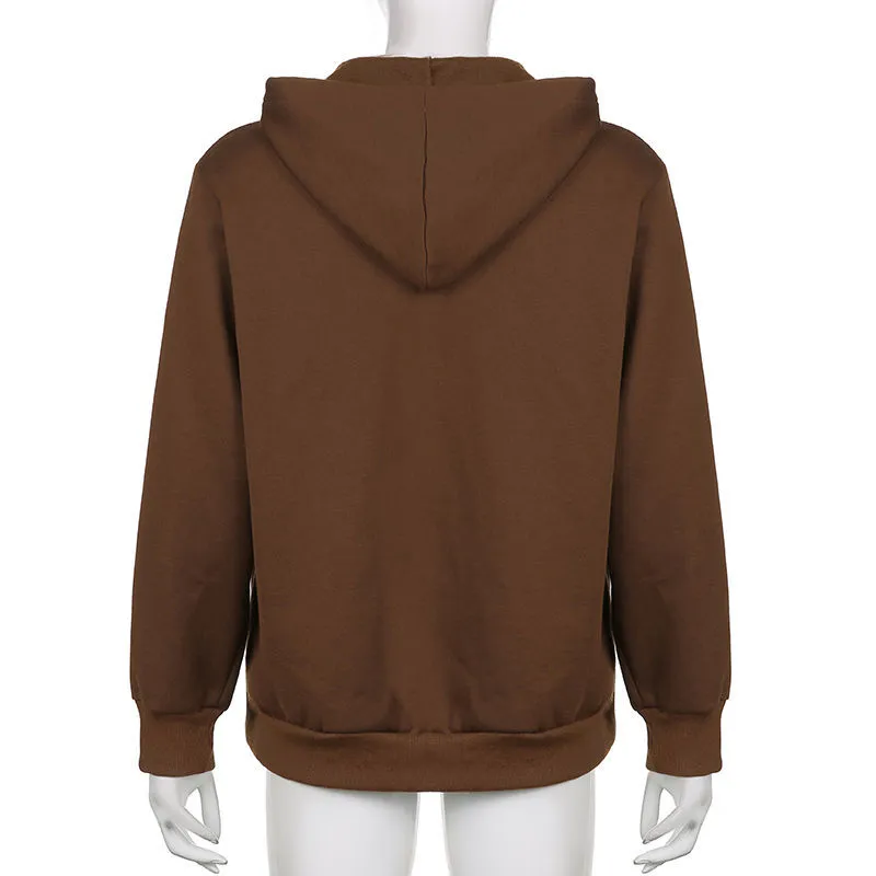 Brown Letters Embroidery Zip Up Hoodie