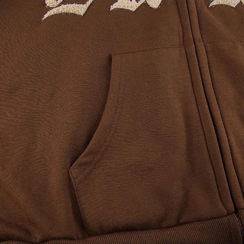 Brown Letters Embroidery Zip Up Hoodie