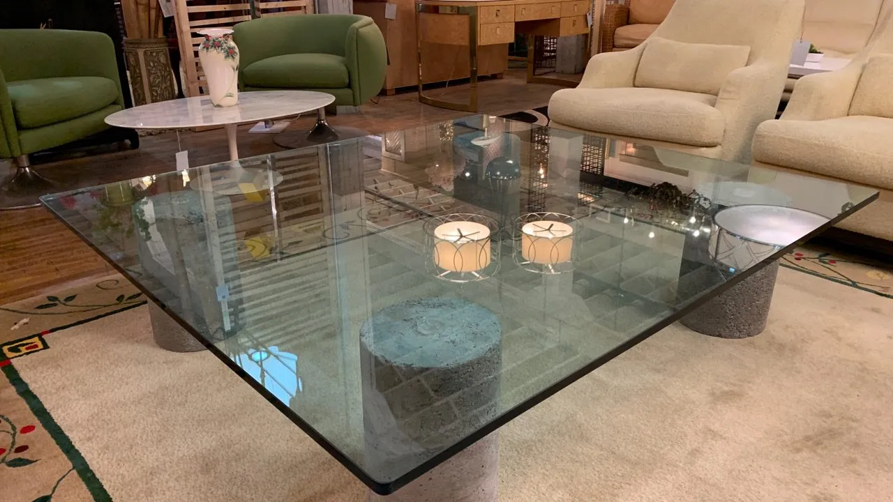 Coffee Table, Oversized, Thick Glass, Cement Base