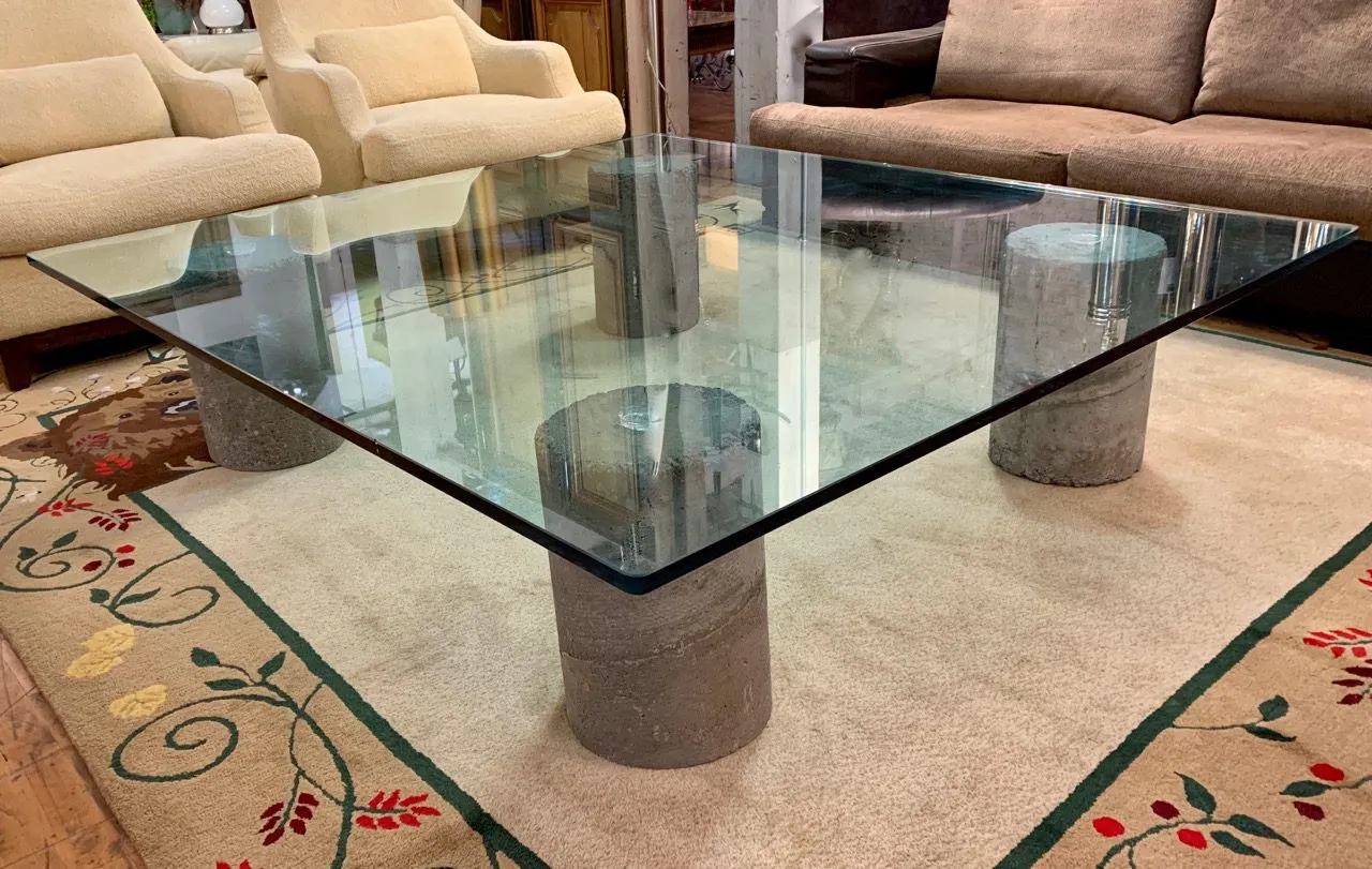 Coffee Table, Oversized, Thick Glass, Cement Base