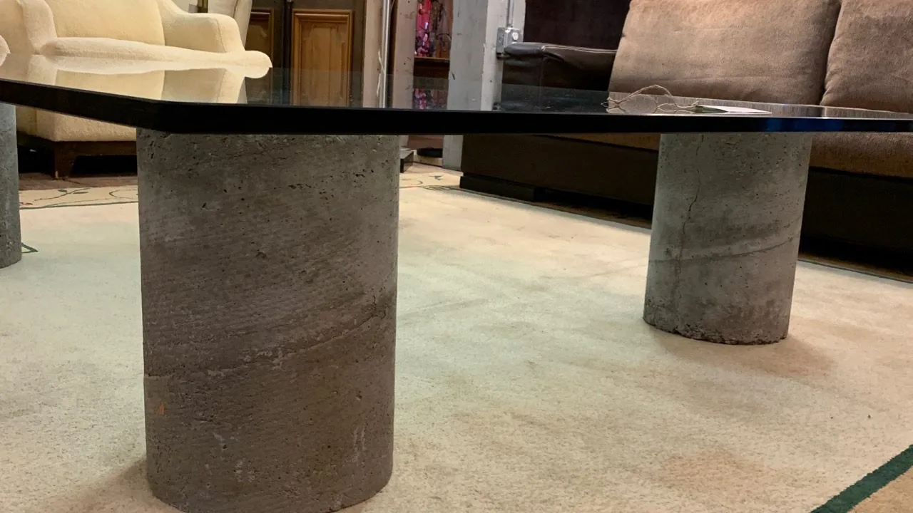 Coffee Table, Oversized, Thick Glass, Cement Base