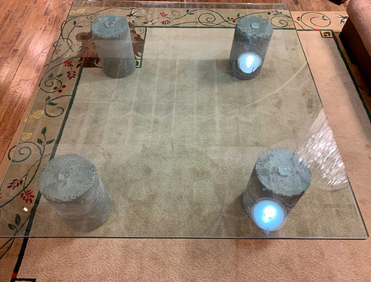 Coffee Table, Oversized, Thick Glass, Cement Base