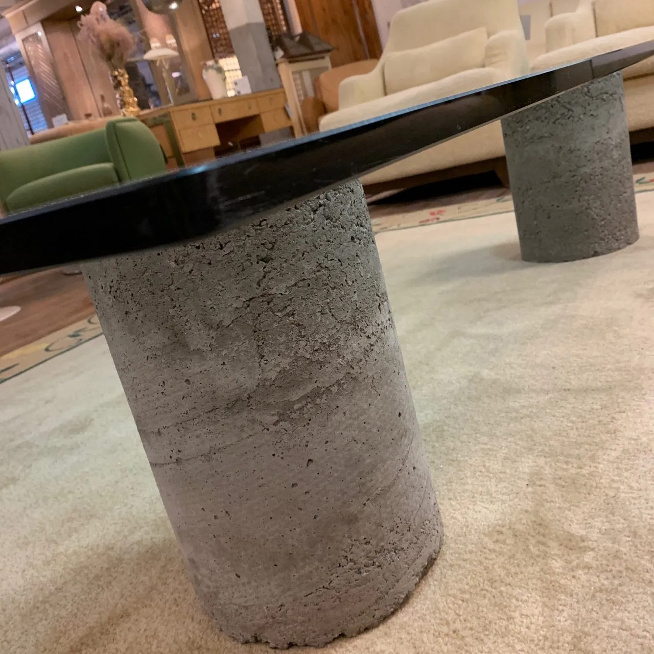 Coffee Table, Oversized, Thick Glass, Cement Base
