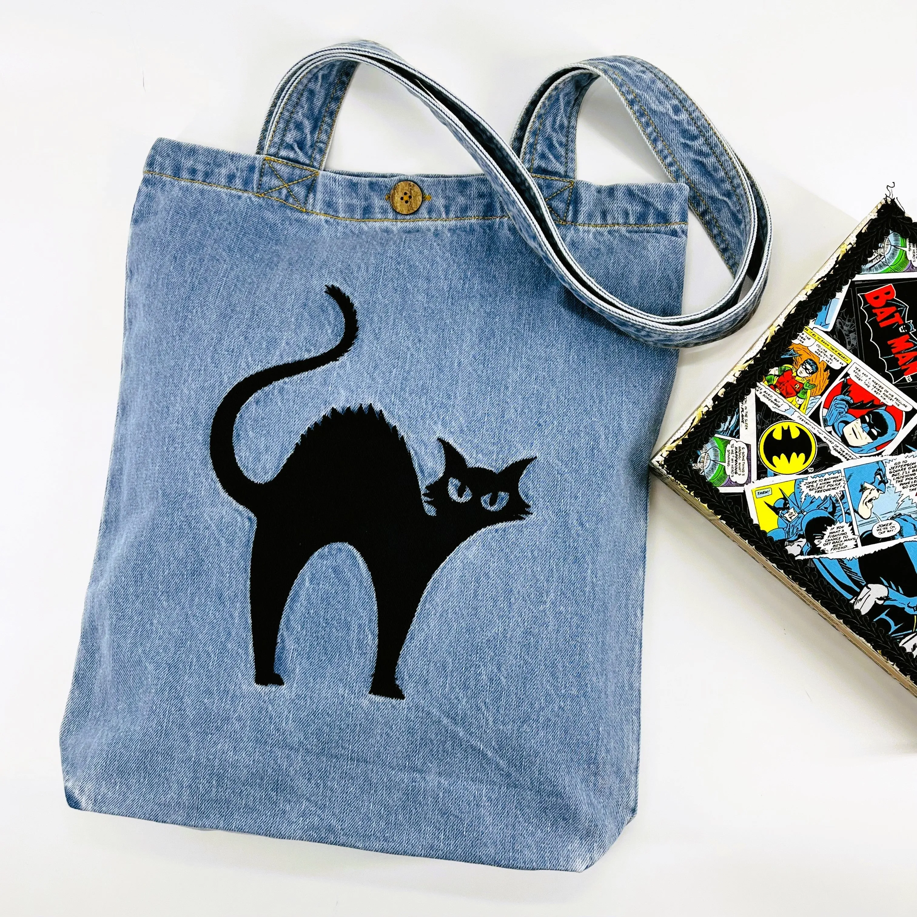 CUSTOM LISTING "You talkin' to me? ~ Cat" Denim Tote Bag | Blue Denim