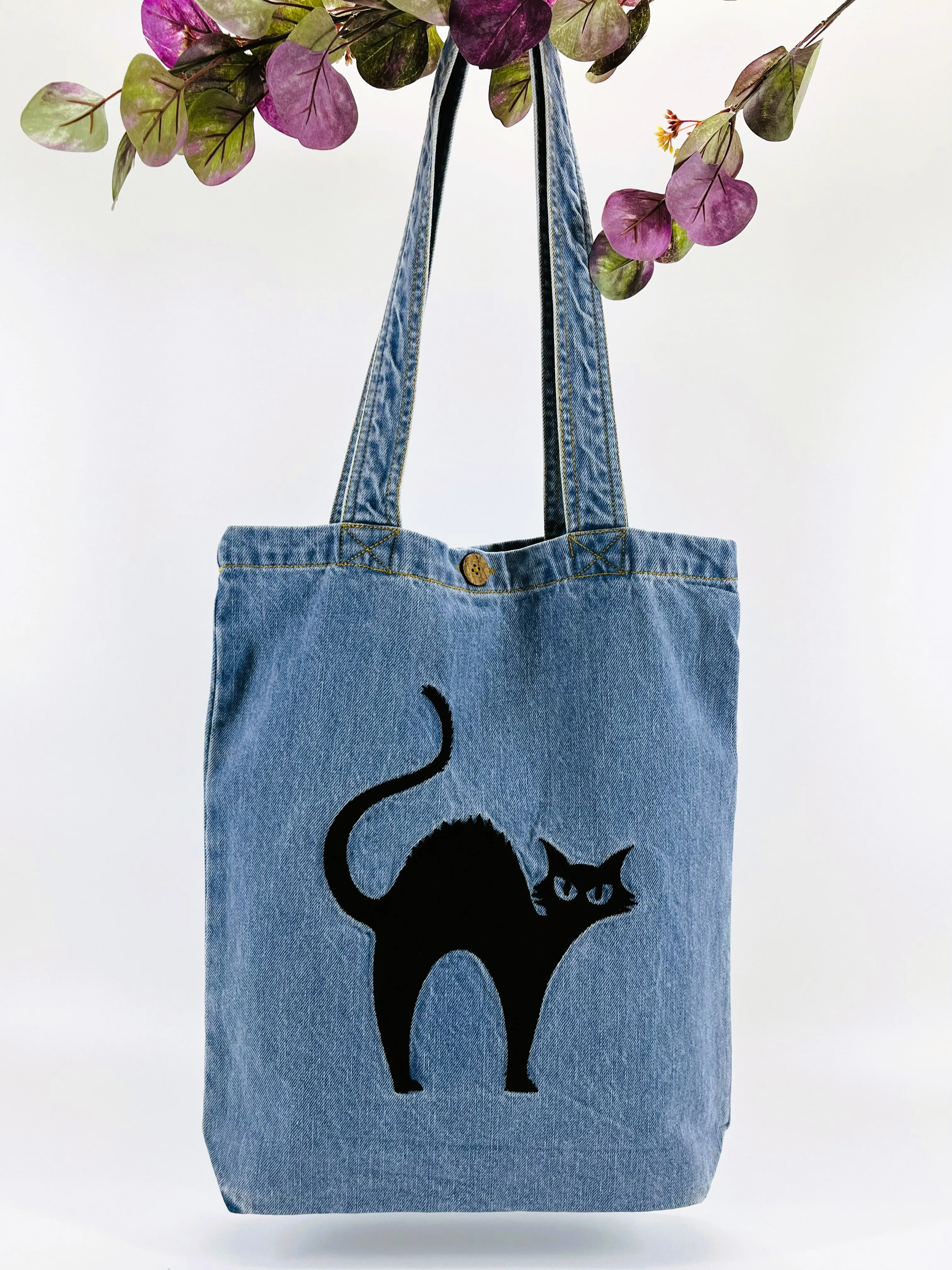 CUSTOM LISTING "You talkin' to me? ~ Cat" Denim Tote Bag | Blue Denim