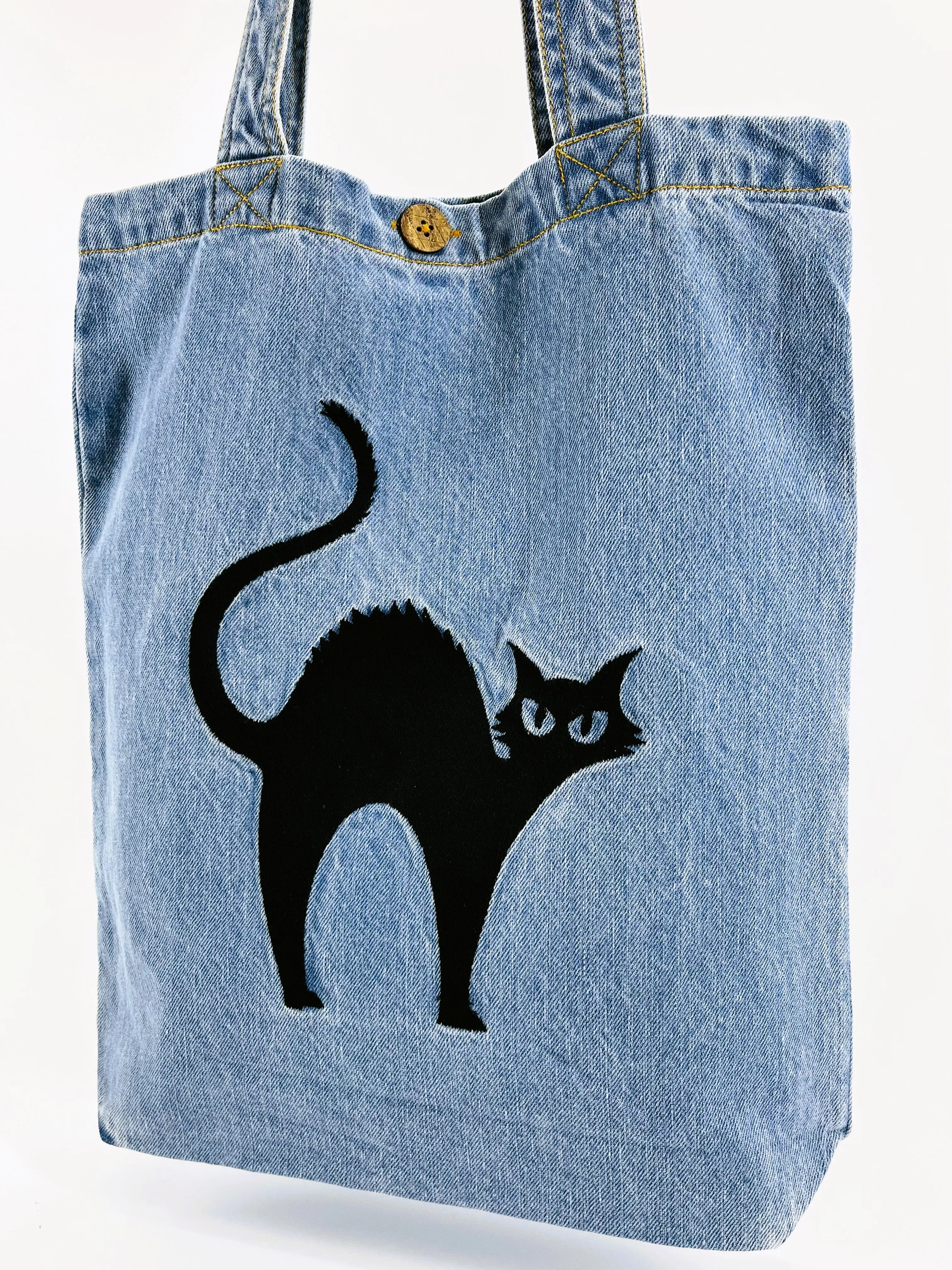 CUSTOM LISTING "You talkin' to me? ~ Cat" Denim Tote Bag | Blue Denim