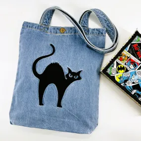 CUSTOM LISTING "You talkin' to me? ~ Cat" Denim Tote Bag | Blue Denim