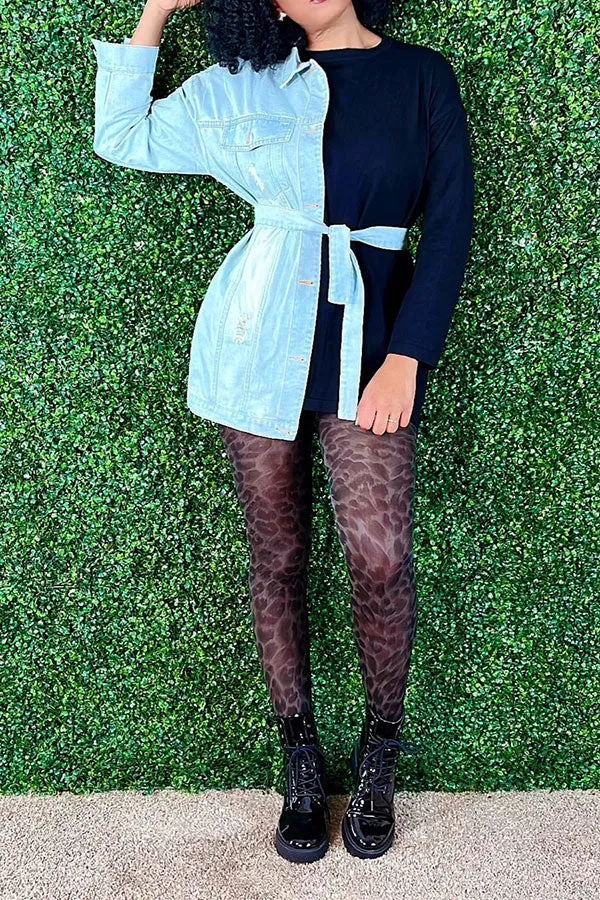 Denim Patchwork Unusual Belted Mini Dress