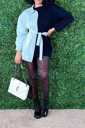 Denim Patchwork Unusual Belted Mini Dress