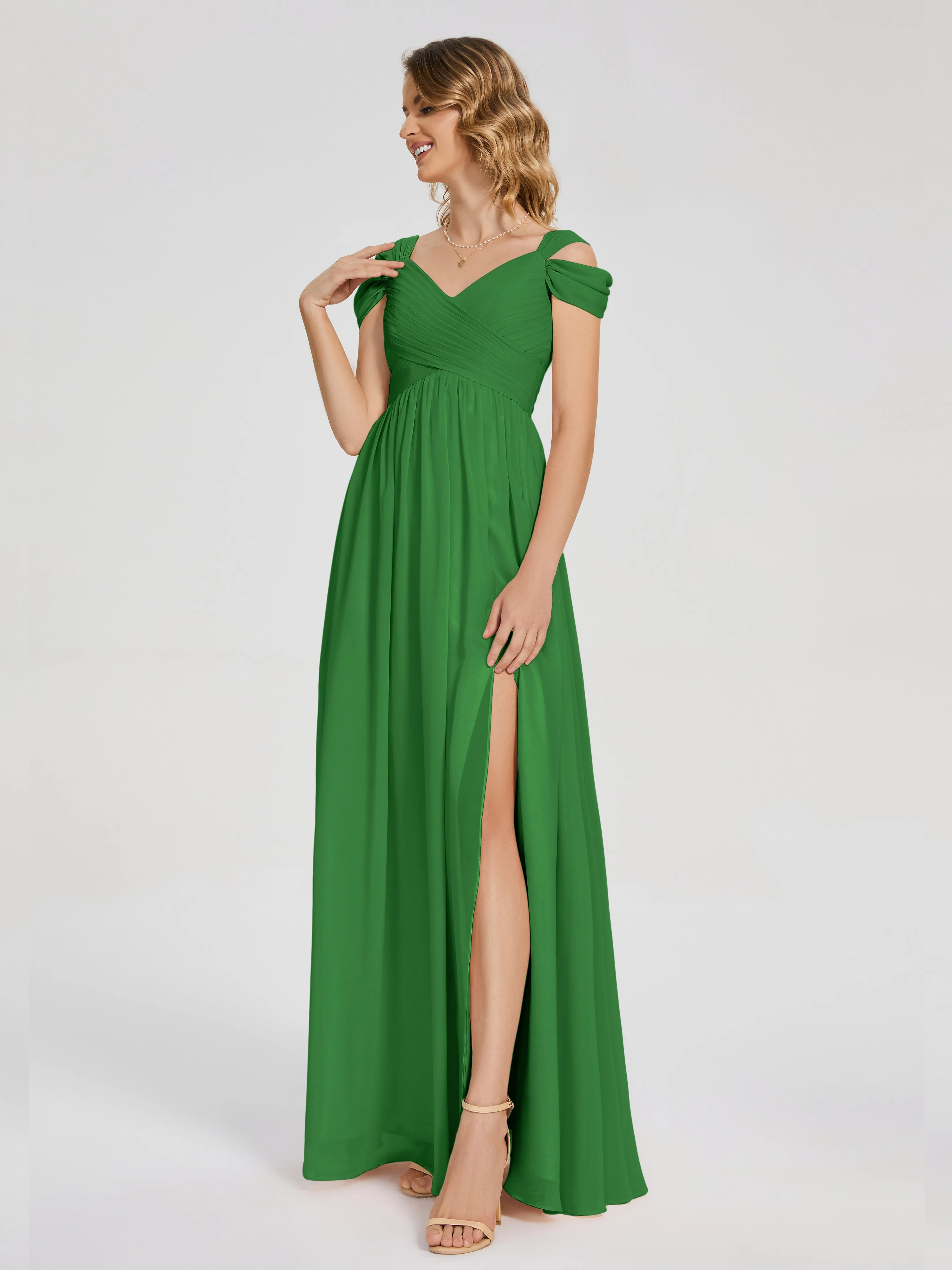 Green Bridesmaid Dresses With Sleeves Charlee Flowy Split Chiffon Bridesmaid Dresses