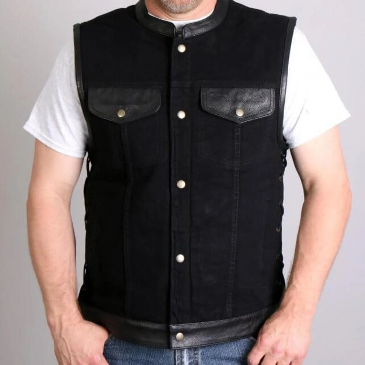 Hot Leathers Men's Black Denim And Leather Vest