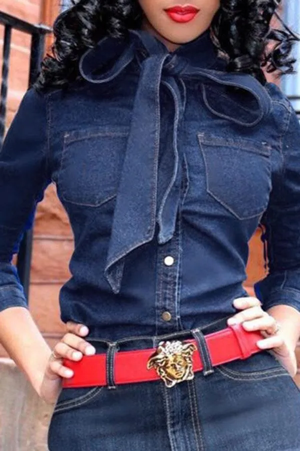 hulianfu Bow-Neck Button Pocket Fashion Denim Blouse