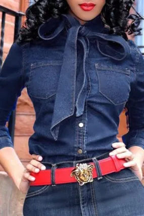 hulianfu Bow-Neck Button Pocket Fashion Denim Blouse