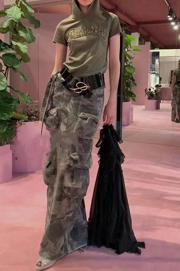 hulianfu Camouflage Punk Multi Pocket Lace-Up Skirt