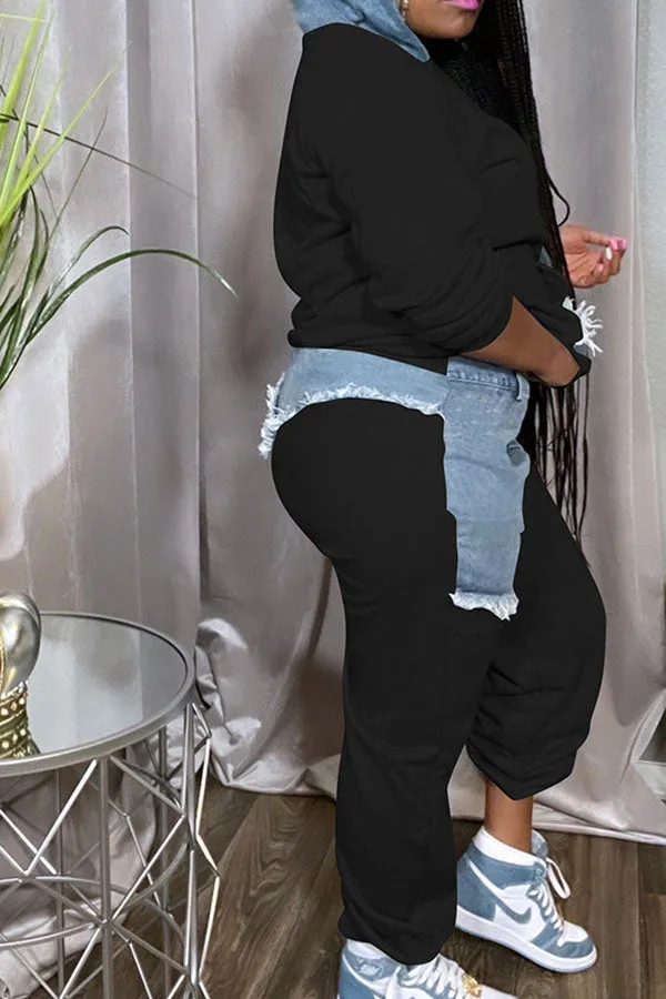 hulianfu Denim Patchwork Sporty Pant Suit