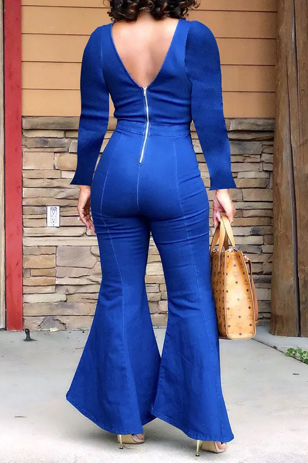 hulianfu Denim Wrap Cutout Feminine Bell Bottoms Jumpsuit