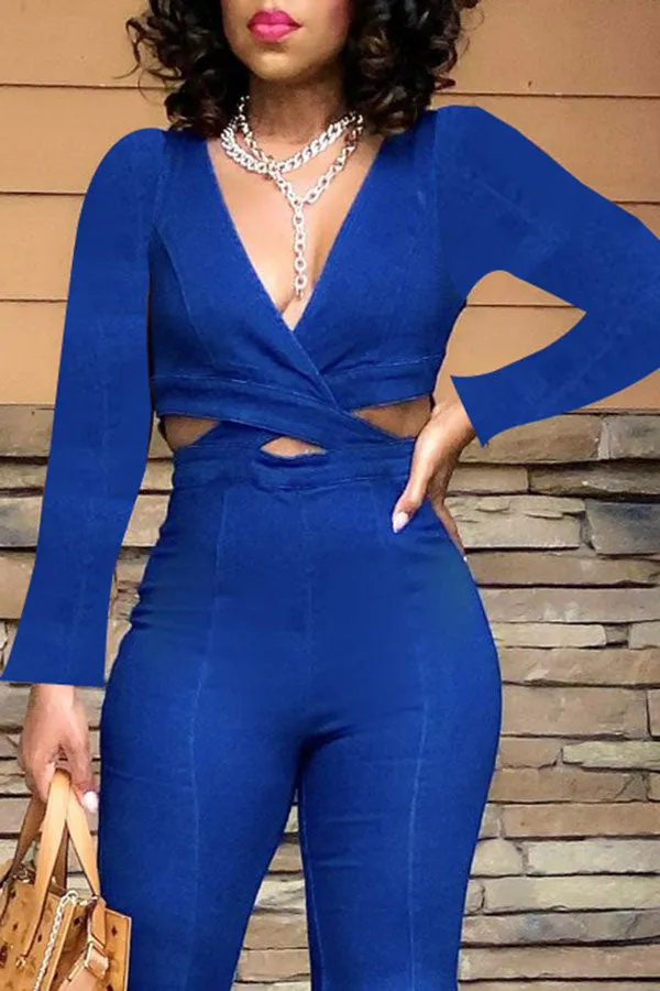 hulianfu Denim Wrap Cutout Feminine Bell Bottoms Jumpsuit