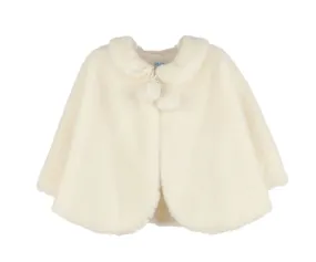 Luli & Me Girls Ivory Cozy Fuzzy Faux Fur Cape - Pom Poms