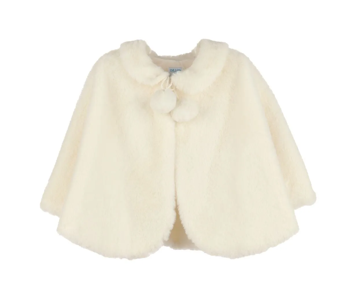 Luli & Me Girls Ivory Cozy Fuzzy Faux Fur Cape - Pom Poms