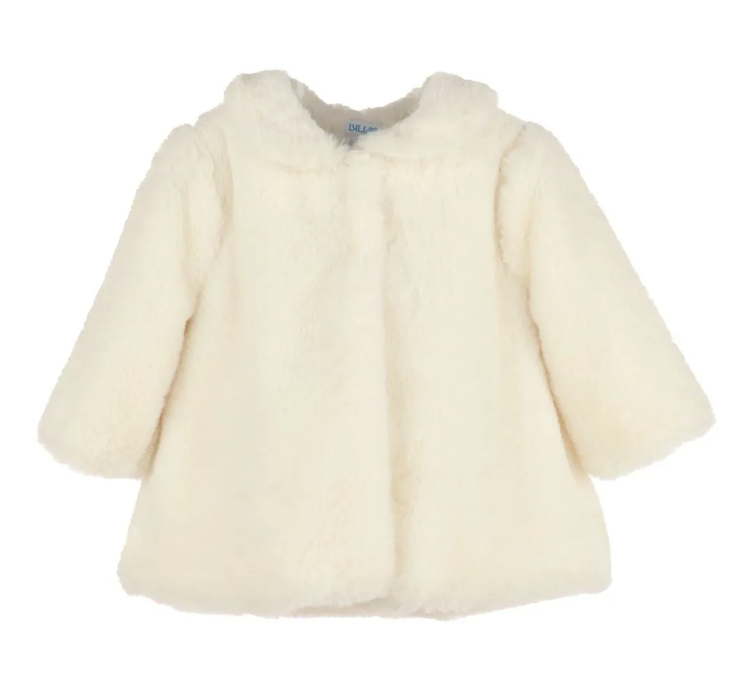 Luli & Me Girls Ivory Cozy Fuzzy Faux Fur Coat - Bow on Back