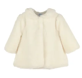 Luli & Me Girls Ivory Cozy Fuzzy Faux Fur Coat - Bow on Back