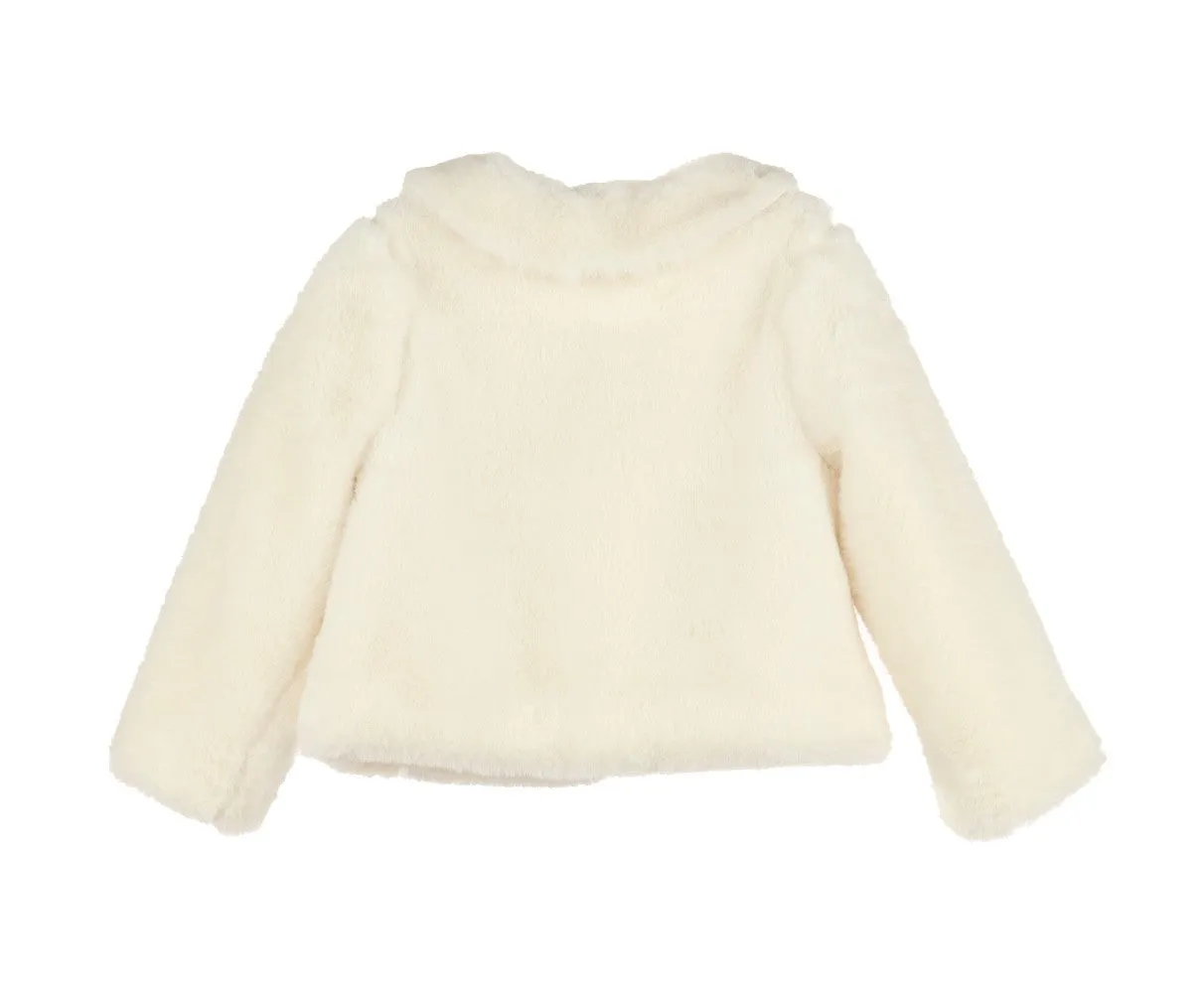 Luli & Me Girls Ivory Cozy Fuzzy Faux Fur Coat - Pom Poms