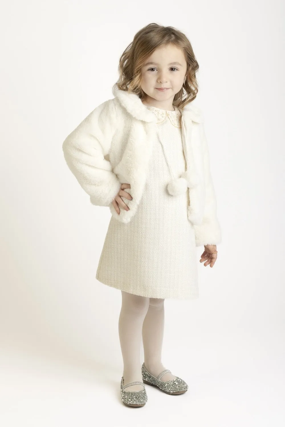 Luli & Me Girls Ivory Cozy Fuzzy Faux Fur Coat - Pom Poms