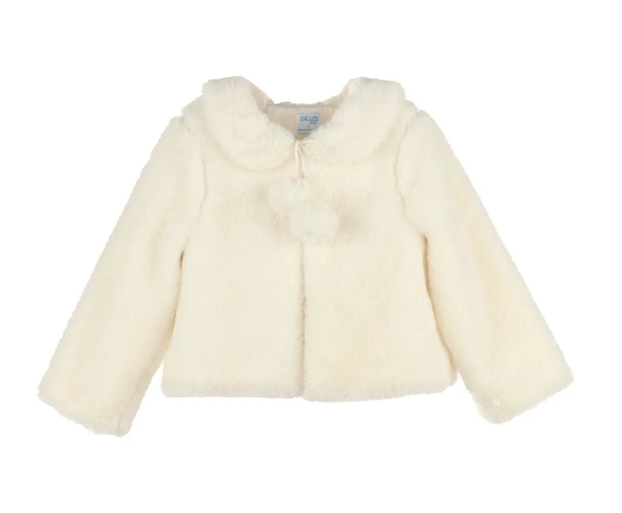 Luli & Me Girls Ivory Cozy Fuzzy Faux Fur Coat - Pom Poms