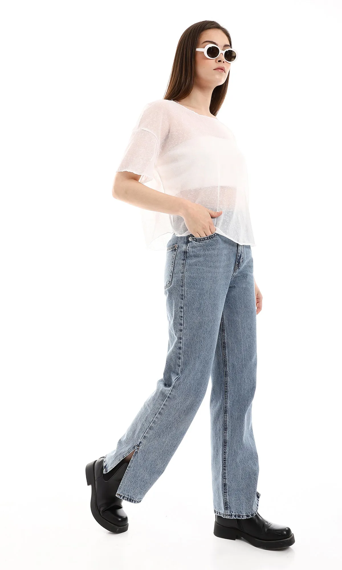 O166325 Soft Fabric Slip On Short Sleeves Top - White