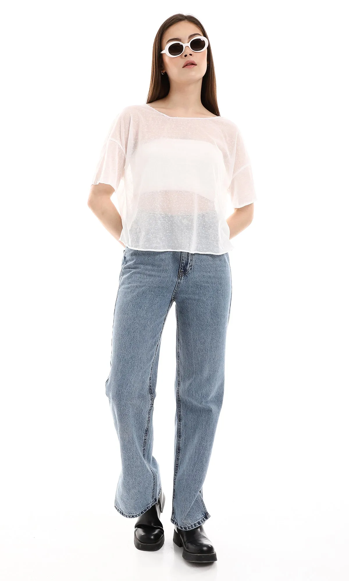 O166325 Soft Fabric Slip On Short Sleeves Top - White