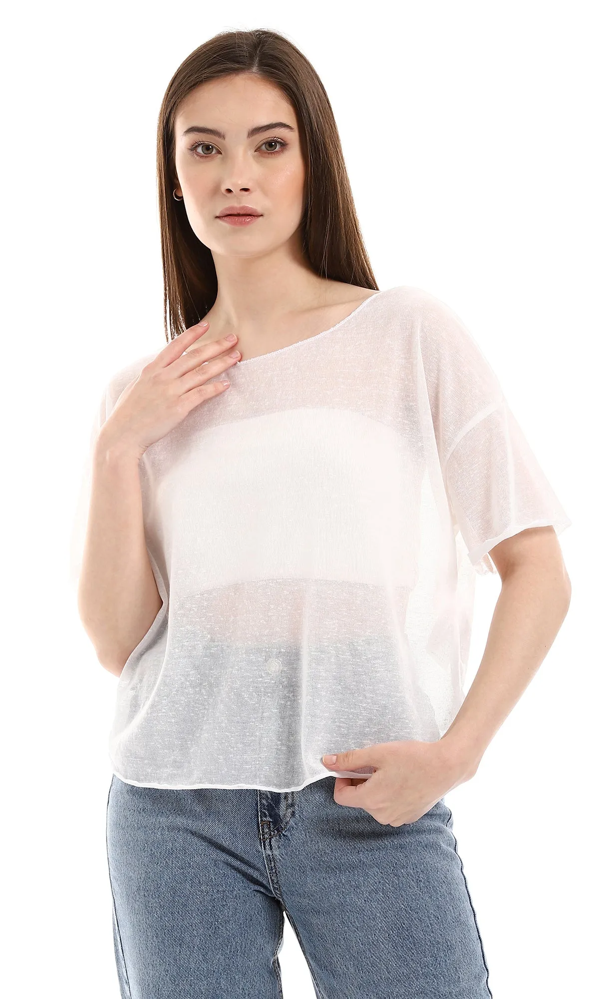 O166325 Soft Fabric Slip On Short Sleeves Top - White