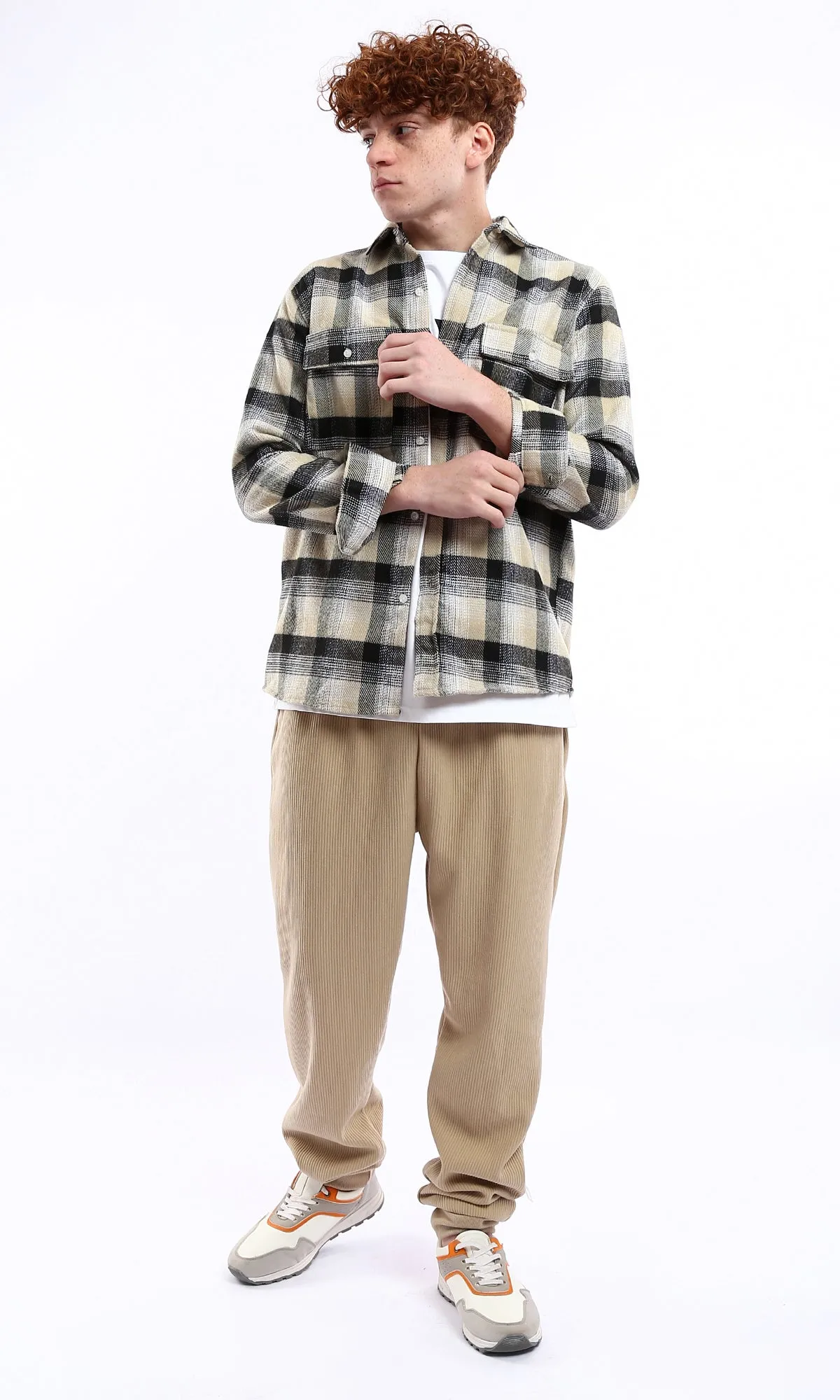 O175723 Relaxed Long Sleeves Plaids Winter Shirt - Sand & Black