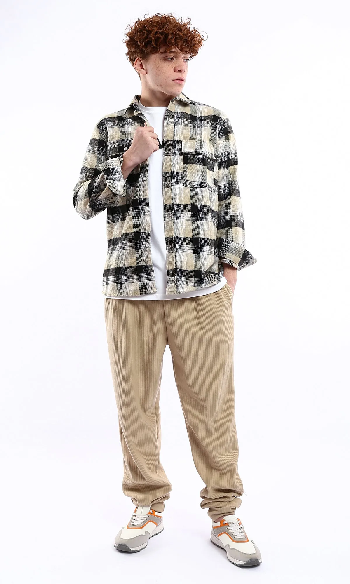 O175723 Relaxed Long Sleeves Plaids Winter Shirt - Sand & Black