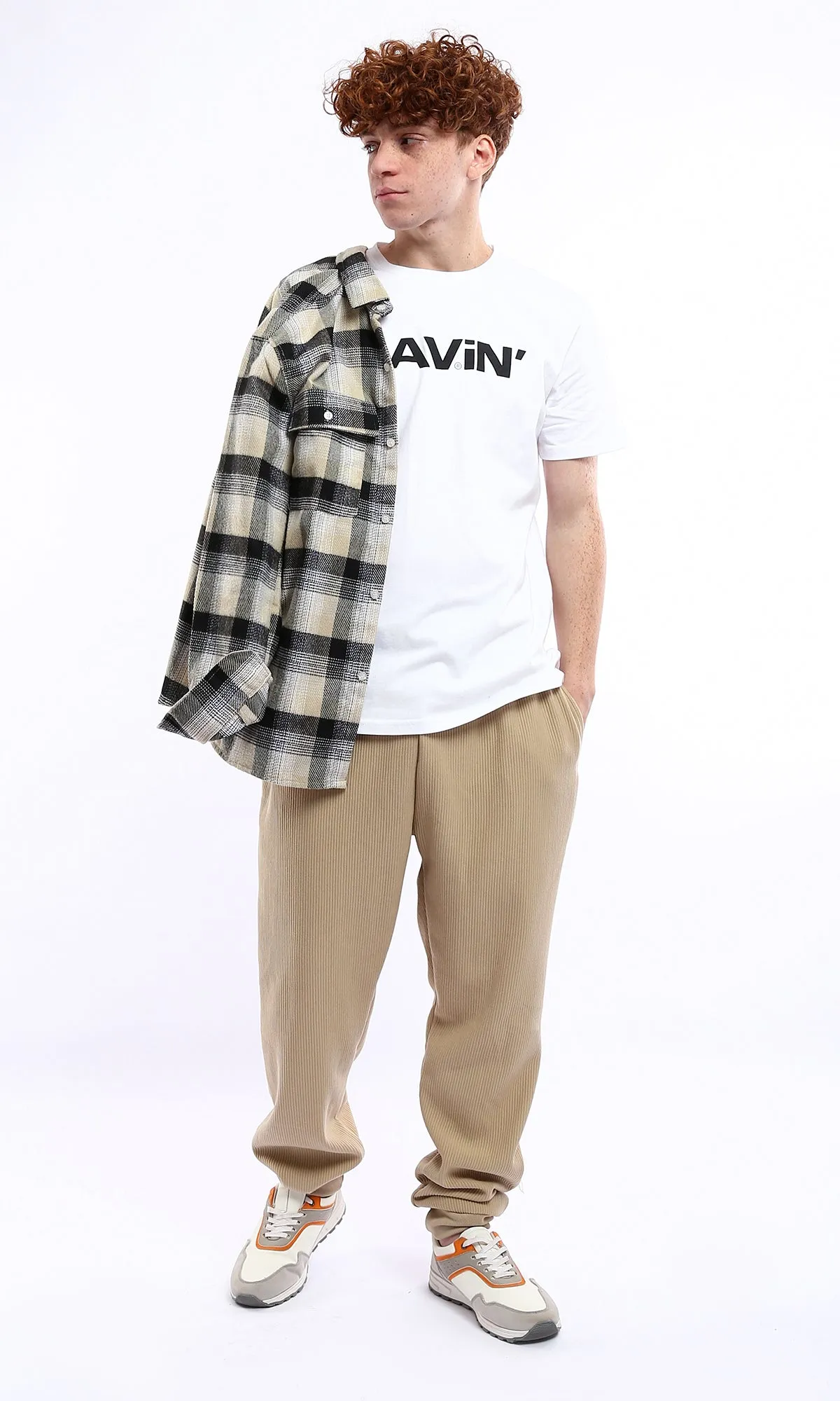 O175723 Relaxed Long Sleeves Plaids Winter Shirt - Sand & Black