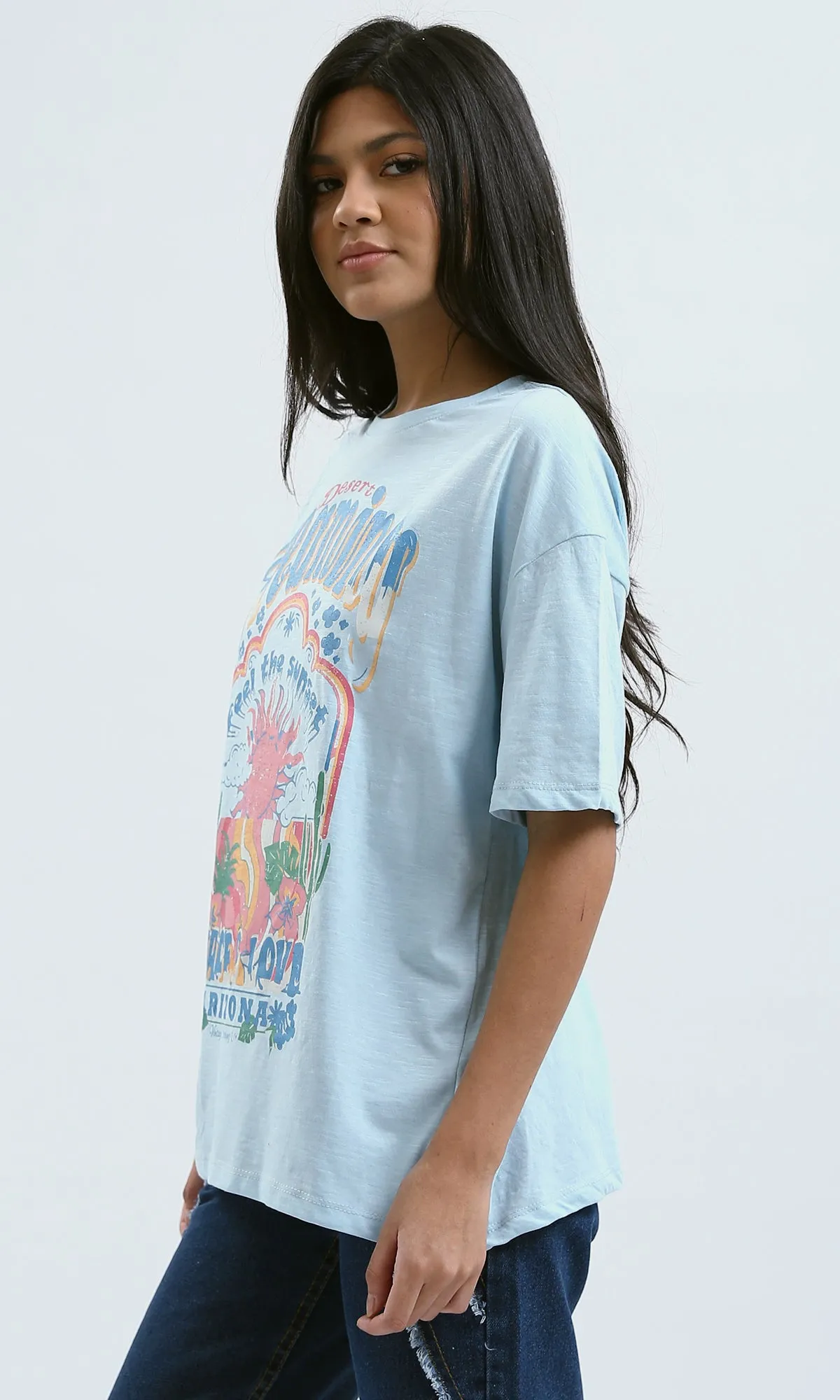 O180439 Crew Neck Printed Light Blue Summer Tee