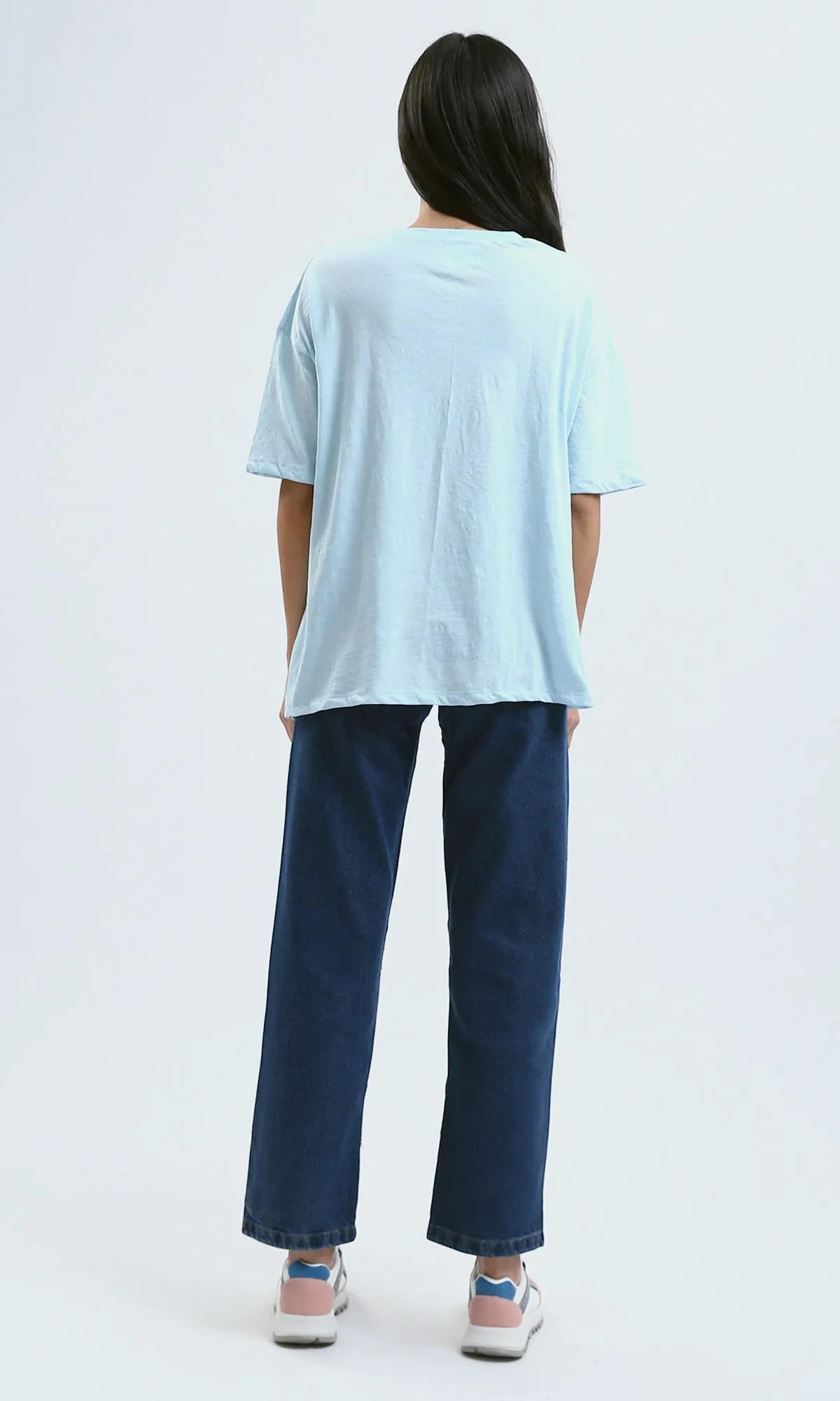 O180439 Crew Neck Printed Light Blue Summer Tee