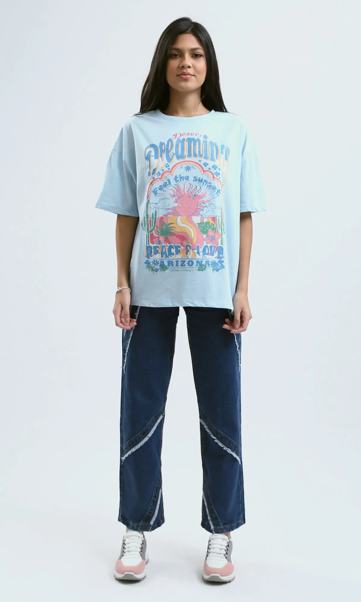 O180439 Crew Neck Printed Light Blue Summer Tee